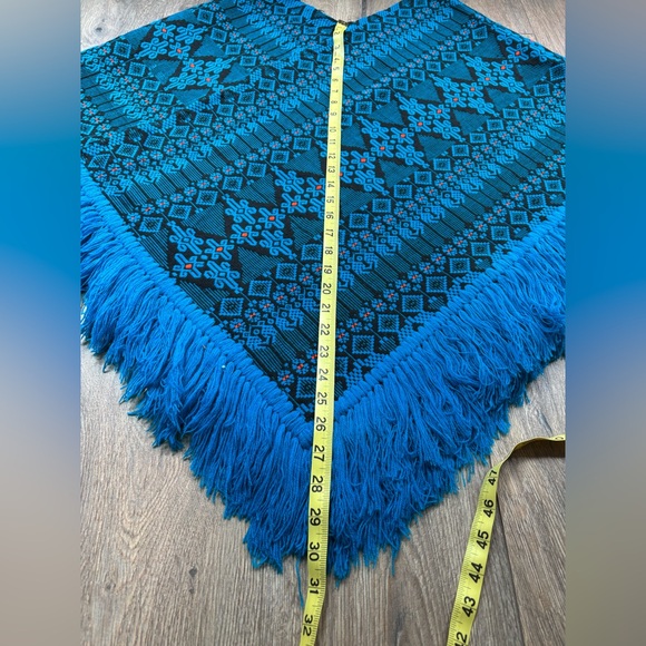 Vintage Guatemalan PONCHO Blue Black Orange Brocade Cotton Blend Hand Loomed - Picture 7 of 14